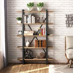 5-Shelf Vintage Industrial Bookcase,Wood and Metal Open Book