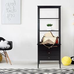Black Finish Solid Wood Bookcase With Three Drawers And Four