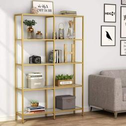 Double Wide Open Bookcase, 5-Tier Metal Bookshelf, Gold Disp