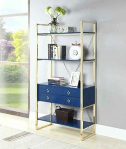Odessa Glossy Blue and Gold Brass Finish Four Shelf Bookcase