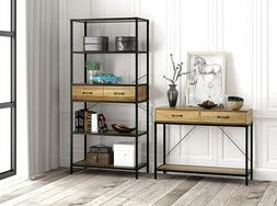 eHemco Rustic 5 Tier Bookcase with 2 Drawers