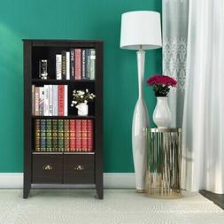 Bookshelf with Drawers Wood Antique Style Organizer 3 Adjust