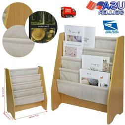 Wooden 4 Layer Fabric Sling Bookcase Toy Picture Book Storag