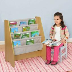 Wooden 4 Layer Fabric Sling Bookcase Toy Picture Book Storag